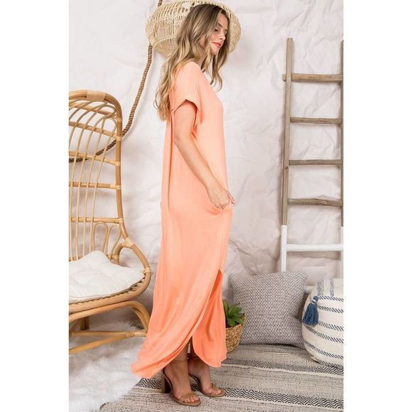 Peach V-Neck Side Slit Maxi Dress - Picture 5 of 8